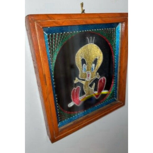 Vintage 70s Tweety Bird Looney Tunes Metallic String Nail Art Wall HangingFramed - Picture 2 of 3